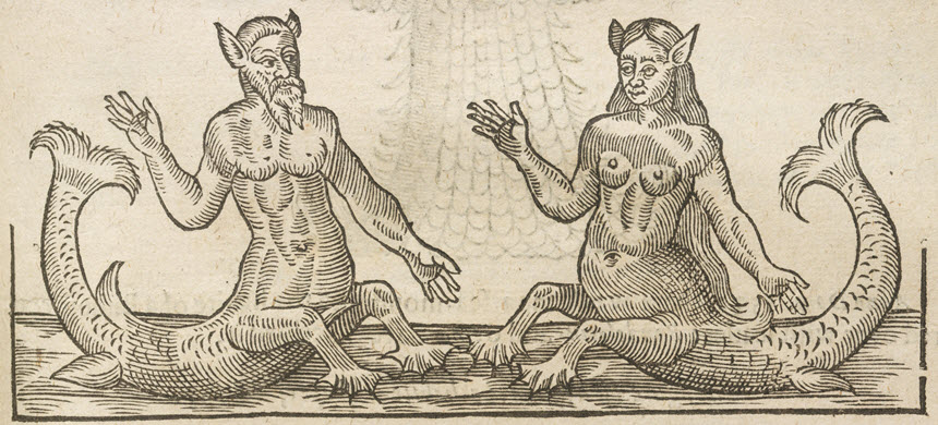 Two half-bodied sea creatures each with two legs and a tail with an upper torso of a man and woman.
