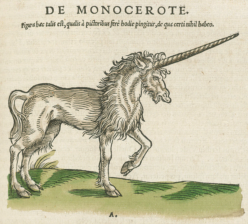 Illustration of a long horned unicorn prancing.