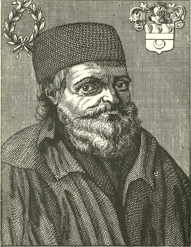 Portrait of an old man with a long beard and cap.