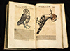 Open book showing an owl and a bird with a long beak above Latin text.