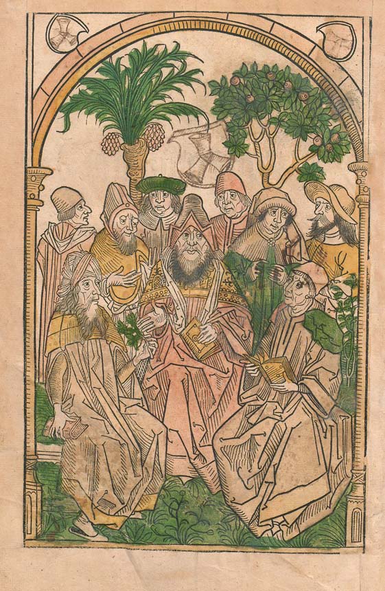 Illustration from page of nine men gathered in a garden observing plants.