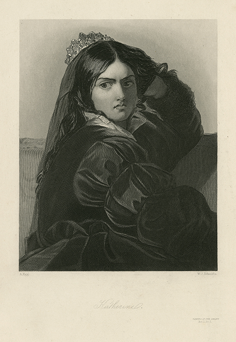 Young woman, identified as Katharine, with angry expression.  Her hair is long and loose. She wears a small crown on with a dark veil and white-collar black dress with puffy sleeves