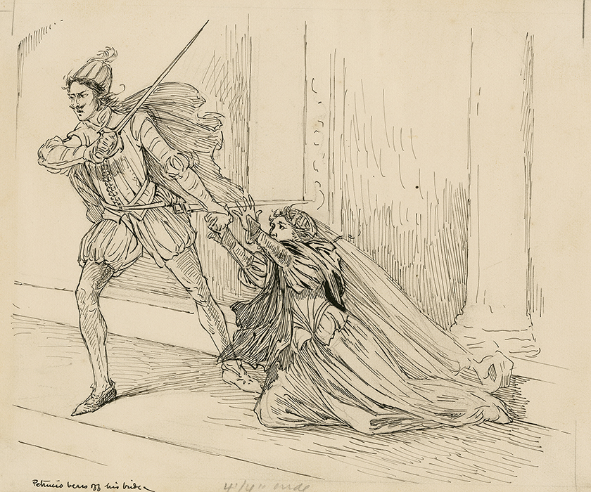 Petruchio with a sword on his right hand and drags his wife Katherine who is on her knees, with his left hand