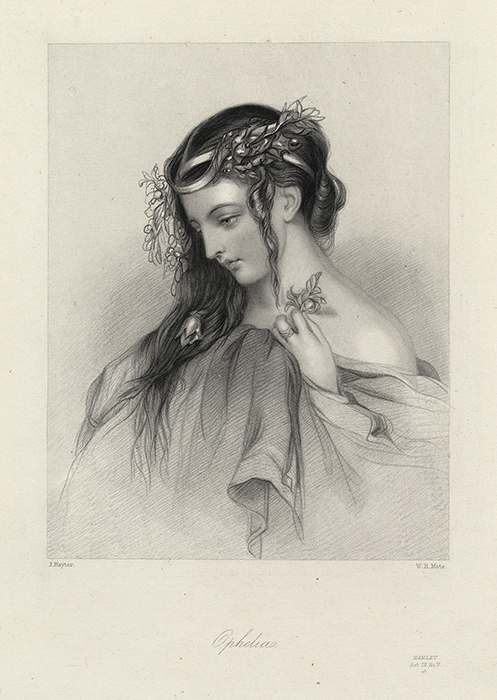 Portrait of a young woman with her eyes cast downward and her hair decorated with leaves and flowers
