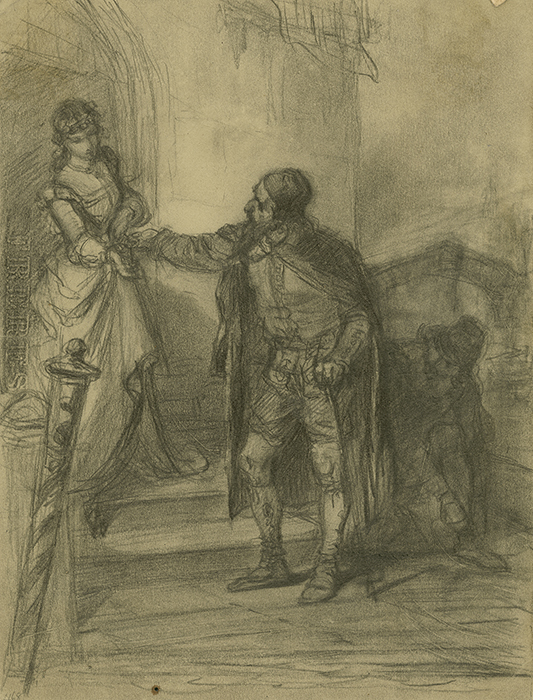 Jessica stands at the doorstep and receives  something from Shylock as he is leaving the house. To the right of Shylock, a man is hunched over looking at the two.