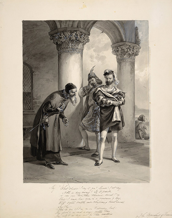 Three men stand outside by columns of a building. Shylock, on the left, holds a cane on his right hand. He leans and speaks to one of the two other men, Antonio and Bassanio