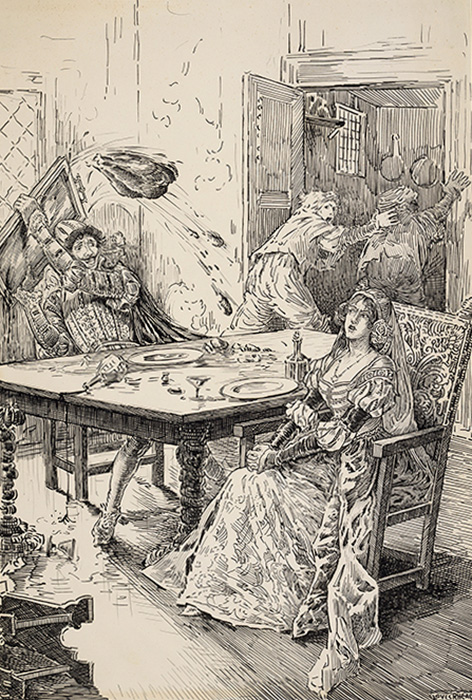 A dinner table scene shows Petruchio throwing a whole cooked bird up in the air. Two servants are shown running out of the room, as Katharine sits across the table with a stunned look on her face. On the floor sits a with its content spilt