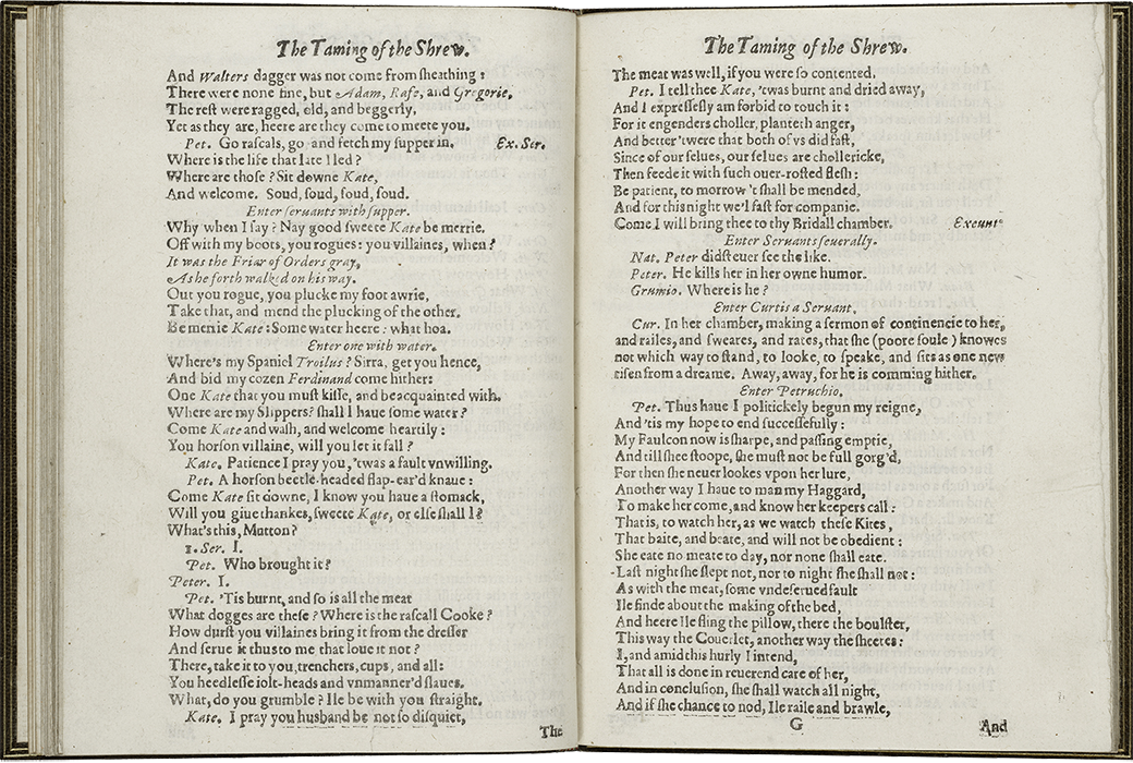 Book opened to two pages of The Taming of the Shrew