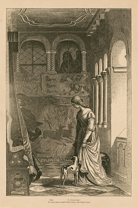 Young woman stands inside near windows on the right with a dog at her feet. A man’s face and body on the left as he leaves the scene. At the bottom of the illustration text reads: OPH. O, woe is me! To have seen what I have seen, see what I see!