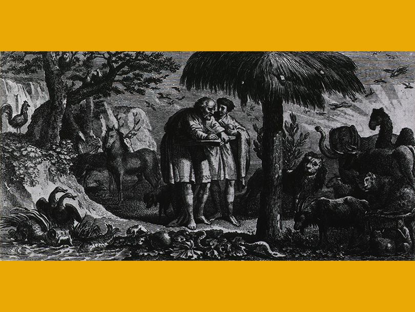Two men are surrounded by animals in a woodland