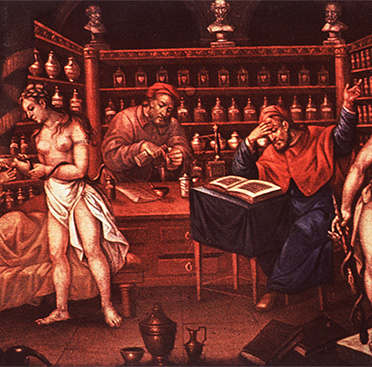 Interior view of a pharmacy with five figures and a bust of Hippocrates