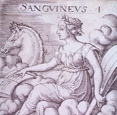 Young woman rides in the clouds with a horse, a peacock, a lute, and a music book on the clouds