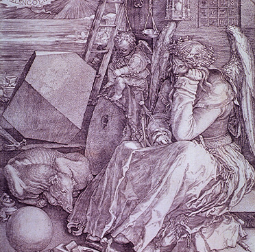 A seated winged woman surrounded by many symbolic figures and objects such as rainbow, bat, a large stone, ladder, hourglass, bell, and magic square; carpenter's tools and a sleeping dog; and a small putto with a notebook and ink well