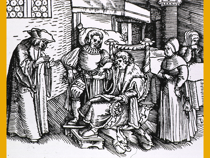 A physician takes the pulse of a man sitting in an ornately carved chair as a priest stands before them, and two women stand to the right on either side of a bed
