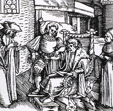 A physician takes the pulse of a man sitting in an ornately carved chair as a priest stands before them, and two women stand to the right on either side of a bed