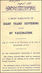 A Brief narrative of eight years’ suffering caused by vaccination by Homer Bartlett Weston. NLM Unique ID: 9204886 The opening page of A Brief narrative of eight years’ suffering caused by vaccination by Homer Bartlett Weston. The second line says Copy of a letter to the Governor of the State of Massachusetts, U.S.A.