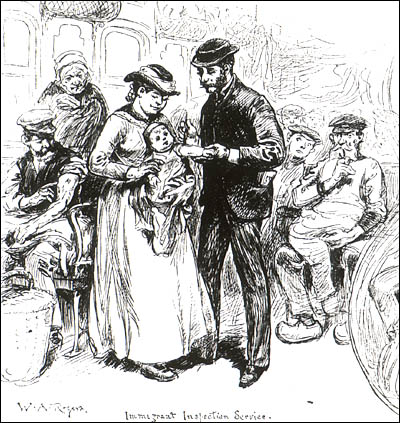 Westward bound - scenes on an immigrant train showing immigrant inspection service, with a doctor vaccinating a baby for smallpox while its mother holds it.