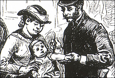 Detail from Westward bound - scenes on an immigrant train showing immigrant inspection service, with a doctor vaccinating a baby for smallpox while its mother holds it.