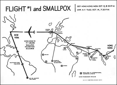 The title of the illustration states flight #1 and Smallpox. The illustration shows the detail of a flight from Hong Kong to New York and the stops along the way.