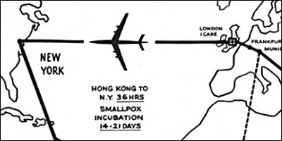 The detail of an illustration showing the flight path with the stop in London and one case reported of smallpox. In the center it says Hong Kong to New York 36 hours, smallpox incubation 14-21 days.