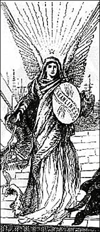 An angel holding a sword and shield on which is written 'cleanliness.'