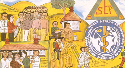 Detail from a World Health Organization Smallpox poster communicated using images, not written text. Vignettes warn of the dangers of smallpox and the need for vaccination.