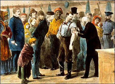 Vaccinating the poor Drawn by Sol Ettinge, Jun. Image A021135 from Images from the History of Medicine (IHM) A group of men, women, and children, black and white, observe a physician as he vaccinates the tattooed left arm of a burly young man.