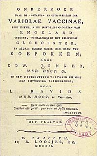 Title page from Onderzoek naar de oorzaaken en uitwerkselen der variolae vaccinae, eene ziekte, in de westklijke gedeelten van Engeland ontdekt, voornaamlijk in het graafschap Gloucester, en aldaar bekend onder den naam van koepokken. In het Nederduitschvertaald en met een bijvoegsel verm. door L. Davids by Edward Jenner and L. Davids.