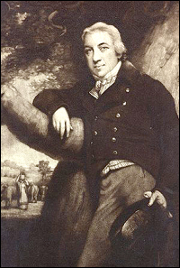 Three-quarter length, left pose, full face of Edward Jenner leaning against a tree; holding top hat; pastoral scene in background.