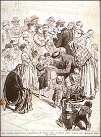 A street scene in Jersey City, New Jersey, depicting compulsory vaccination during the smallpox scare.