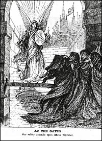 The specters of cholera, yellow fever, and smallpox recoil in fear as their way through the Port of New York is blocked by a barrier on which is written 'quarantine' and by an angel holding a sword and shield on which is written 'cleanliness.'