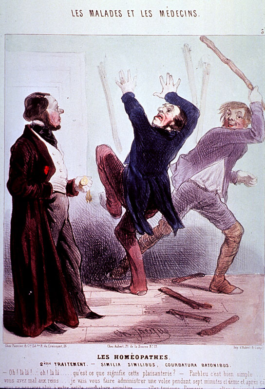 A man is being beaten with a stick by another man; a third man stands to the left holding a watch, timing the beating; on the floor and on the wall are additional sticks.