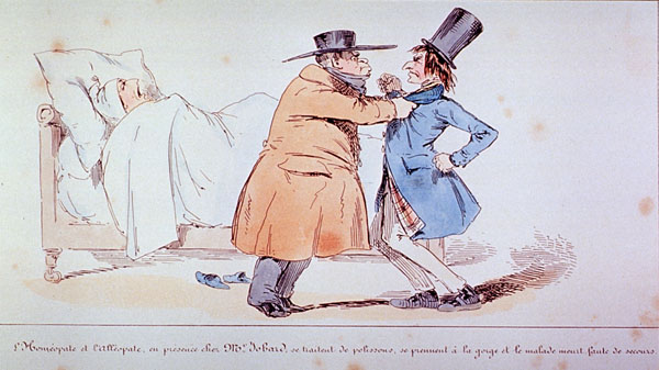 While the patient (M. Jobard) lies in bed dying from acute indigestion, the homeopath grabs the allopath by the collar, as a quarrel has developed over the method of treatment.