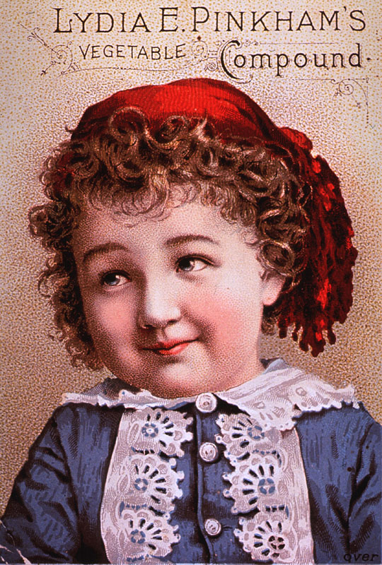 Child, head and shoulders, full face.with the title Lydia E. Pinkham's Vegetable Compound at the top.