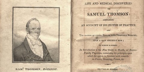 Title page and frontispiece of A Narrative, of the Life and Medical Discoveries of Samuel Thomson. The frontispiece on the left page has a head and shoulders, right pose of Samuel Thomson.