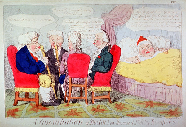 A group of four physicians sit in consultation, two with walking sticks to their noses, while the patient looks on from his bed.