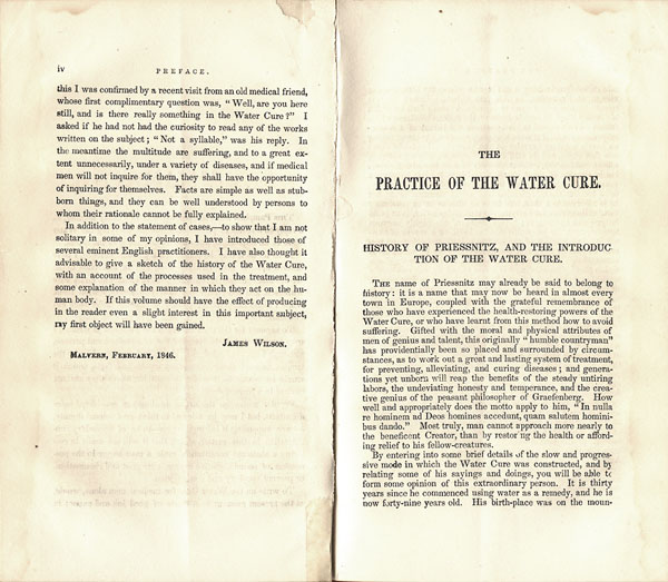 Pages iv and 5 of The Practice of the Water-Cure by James Wilson, M.D. and James Manby Gully. Page iv is the end of the preface while page 5 is the chapter on the history of Priessnitz, and the introduction of the water cure.