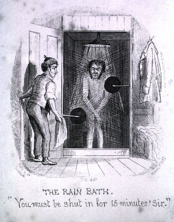 Man at the water cure is standing under a shower; an attendant is holding a towel and closing the door to the shower. At the bottom in black lettering it is written The Rain Bath. 'You must be shut in for 15 minutes! Sir.'