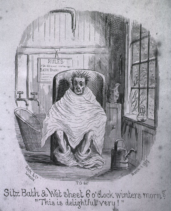 A man at the water cure is sitting in a sitz bath wrapped in a wet sheet with his trousers around his ankles. A watering can is next to him. In the background is a bath tub. At the bottom is black lettering is written Sitz Bath and Wet Sheet 6 o'clock winters morn. This is delightful very!