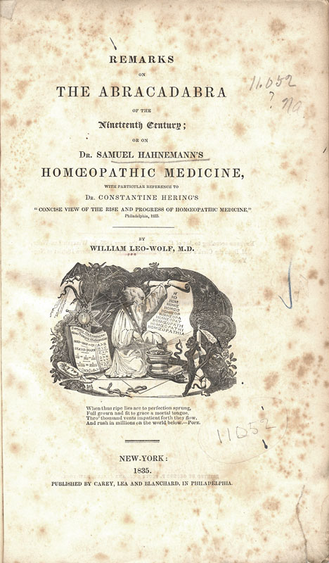 Title page of Remarks on the Abracadabra of the Nineteenth Century by William Leo-Wolf featuring an illustration of a man writing homeopathia on a scroll adding a letter on each line.