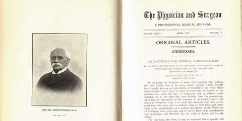 Volume 34 of The Physician and Surgeon, a professional medical journal open to pages 144 and 145. Page 144 has a head and shoulders photograph of Johann Flintermann. Page 145 begins an article by Lewis S. Pilcher titled An Antitoxin for Medical Commercialism.