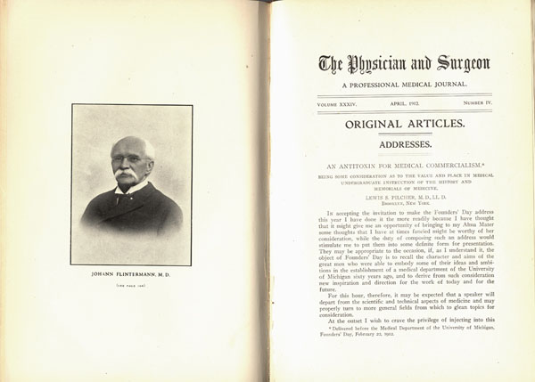 Volume 34 of The Physician and Surgeon, a professional medical journal open to pages 144 and 145. Page 144 has a head and shoulders photograph of Johann Flintermann. Page 145 begins an article by Lewis S. Pilcher titled An Antitoxin for Medical Commercialism.