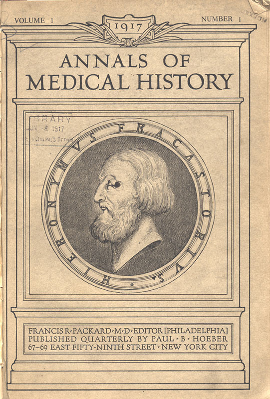 Title page of volume 1 of Annals of Medical History. It features an oval sculture in the center of the bust of Hieronymus Fracastorius.