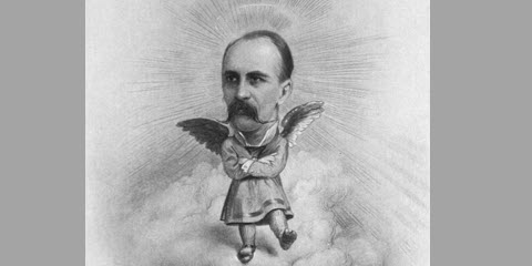 Caricature of Sir William Osler above Johns Hopkins Hospital as an angel.