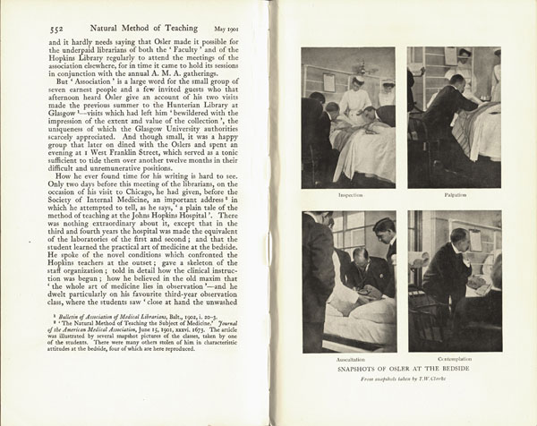 Pages 552 and 553 of The Life of Sir William Osler by Harvey Cushing. Page 553 features snapshots of Osler at the bedside by T. W. Clarke. The four snapshots of bedside visits are titled inspection, palpatation, ausculation, and contemplation.