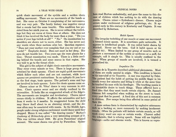 Pages 34 and 35 of A Year with Osler 1896-1897: Notes taken at his Clinics in The Johns Hopkins Hospital by Joseph H. Pratt featuring clinical notes.