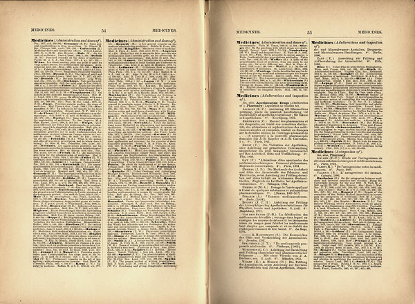 Index-Catalogue of the Library of the Surgeon-General's Office open to show pages 54 and 55 showing the citations for medicines.