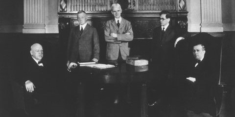 Group portrait: left to right, William Henry Welch (seated), Fielding Hudson Garrison, John Rathbone Oliver, Oswei Temkin, and Henry E. Sigerest (seated).