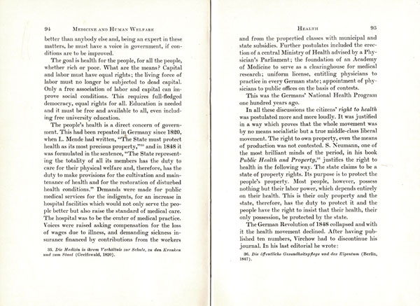 Pages 94 and 95 of Henry Sigerist's Medicine and Human Welfare book. These pages discuss his views on all citizens' right to health.