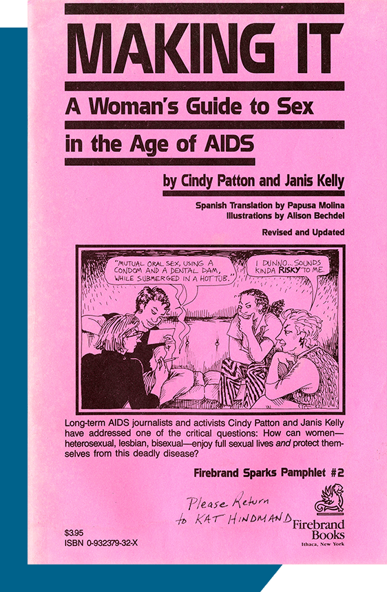Pink cover of the same book in English and in Spanish. Cartoon shows group of four women talking.